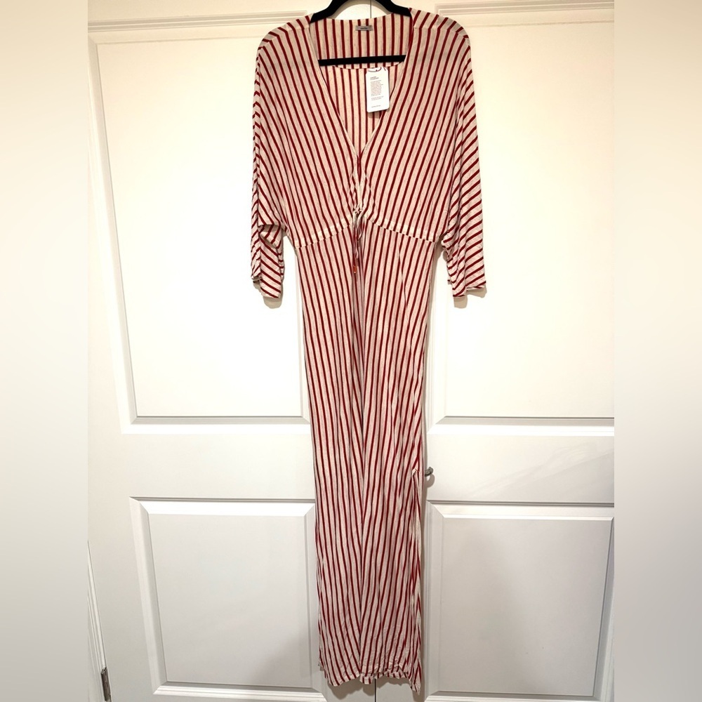 Striped Red & off White lightweight Maxi Dress linen blend side slits
